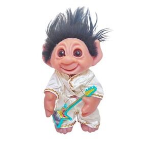 Vintage Russ Berrie Elvis Rock Star Troll Doll White Jumpsuit Guitar 11 Inch